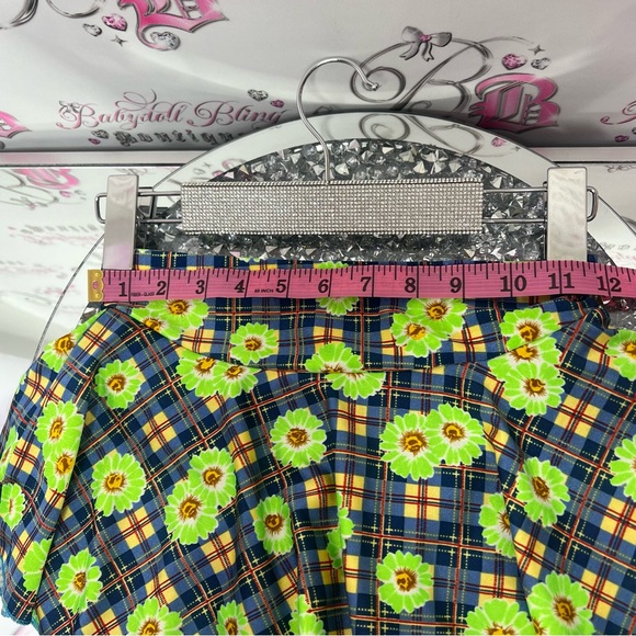 Mini skirt skort cottagecore lime green daisys and plaid picnic pattern blue y2k - Picture 7 of 8